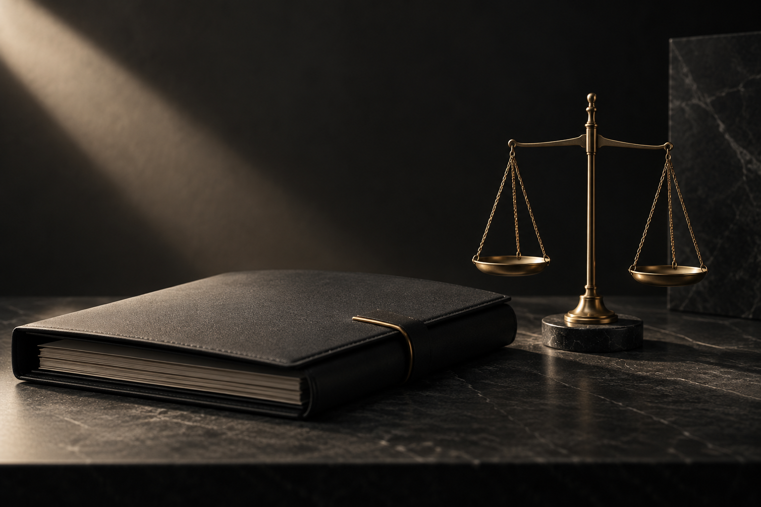 Pasta jurídica e balança representando a atuação em Direito Criminal