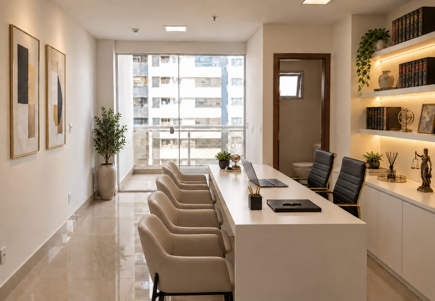 Sala de atendimento da Glauber Nunes Advocacia com mesa branca e cadeiras para clientes