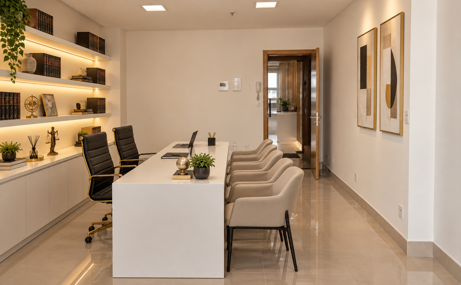 Vista oposta da sala de atendimento e das estantes do escritório