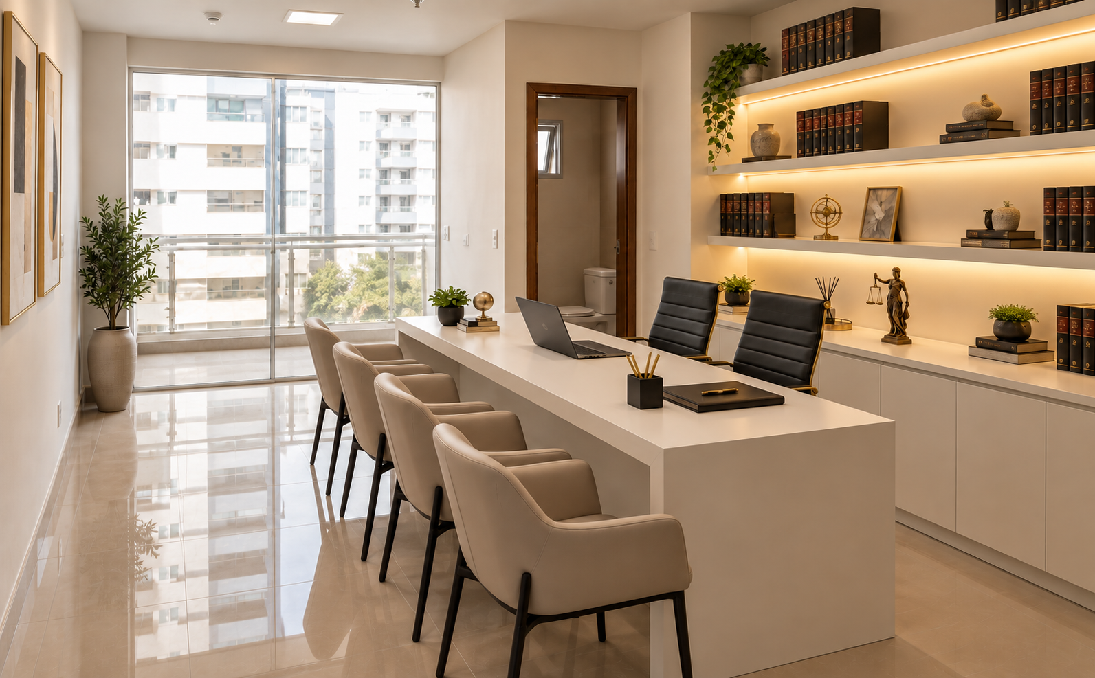 Perspectiva da sala de atendimento a partir da parede dos quadros